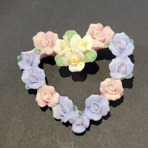 Vintage Floral Heart Wreath Brooch Pin Multicolor Porcelain Roses